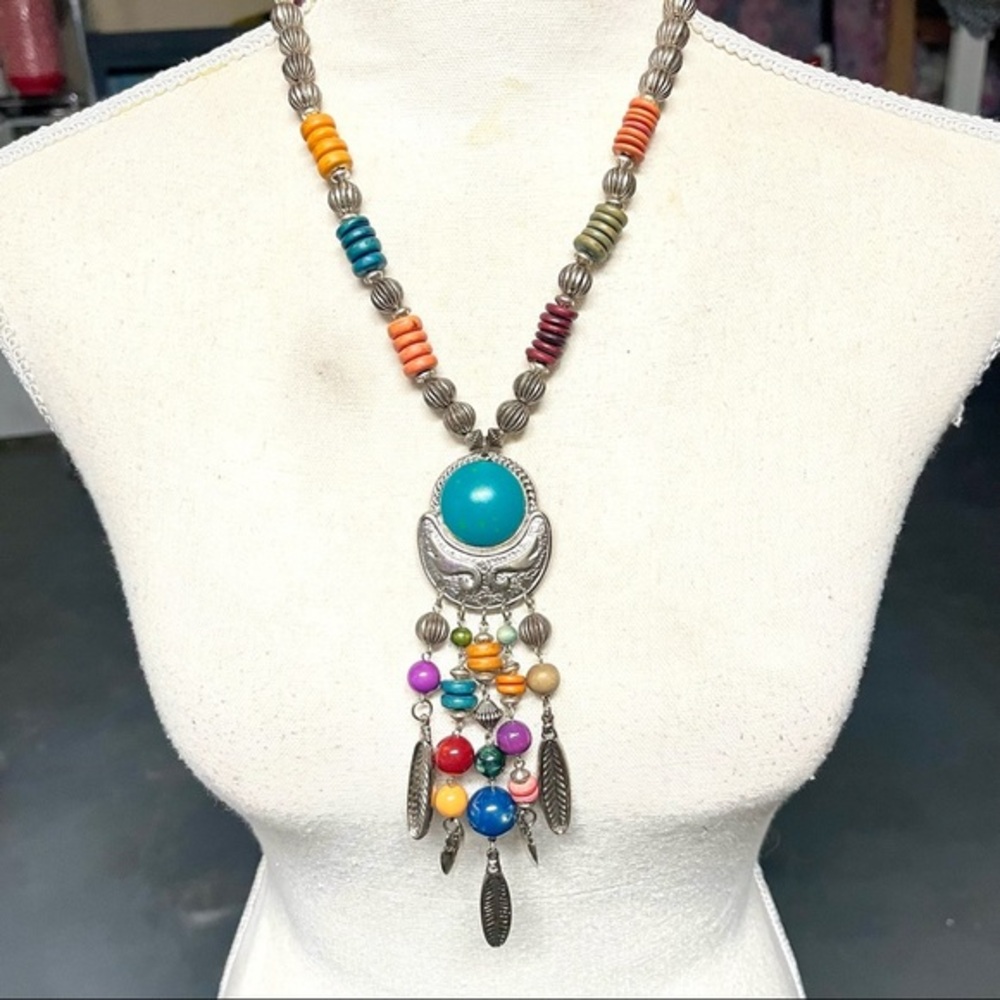 Colorful Beaded Necklace with Long Tribal Charm; Handmade​